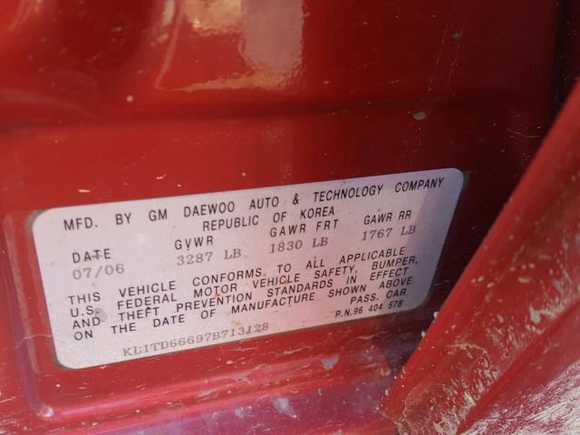 KL1TD66697B713128 - 2007 CHEVROLET AVEO BASE 红色 照片 10