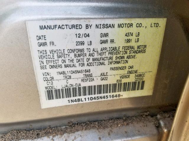 1N4BL11D45N451648 - 2005 NISSAN ALTIMA SE GOLD photo 10