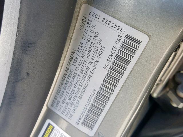 WVWCD63B15E044326 - 2005 VOLKSWAGEN PASSAT GLS GRAY photo 10