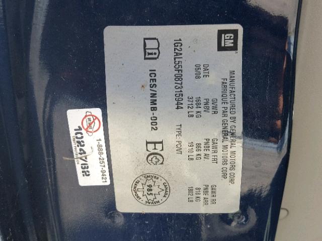 1G2AL55F087315944 - 2008 PONTIAC G5 SE BLUE photo 10