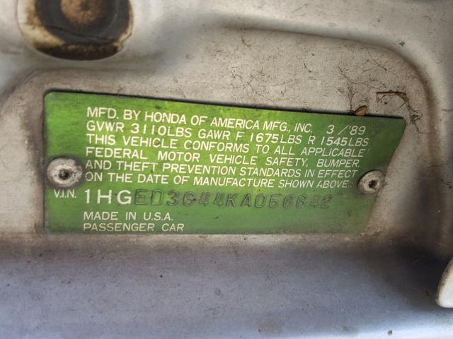 1HGED3644KA056642 - 1989 HONDA CIVIC DX SILVER photo 10