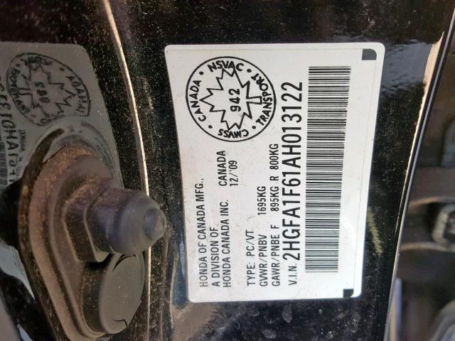 2HGFA1F61AH013122 - 2010 HONDA CIVIC LX-S შავი ფოტო 10