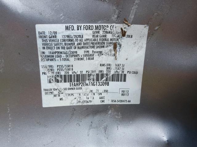 1FAHP2EW7AG133098 - 2010 FORD TAURUS SEL SILVER photo 10