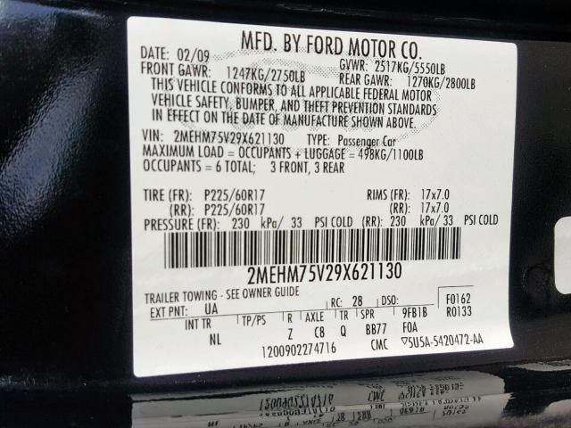 2MEHM75V29X621130 - 2009 MERCURY GRAND MARQ BLACK photo 10