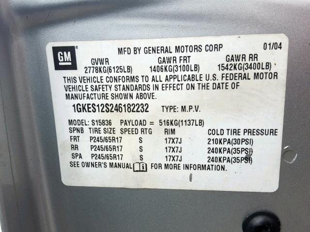 1GKES12S246182232 - 2004 GMC ENVOY XUV SILVER photo 10