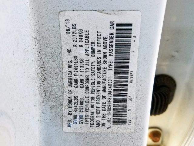 1HGCR3F87DA046301 - 2013 HONDA ACCORD EXL WHITE photo 10