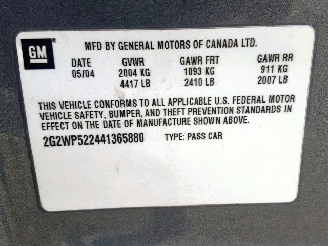 2G2WP522441365880 - 2004 PONTIAC GRAND PRIX GRAY photo 10