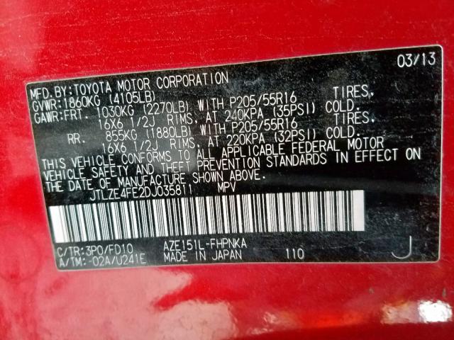 JTLZE4FE2DJ035811 - 2013 TOYOTA SCION XB Rot Foto 10