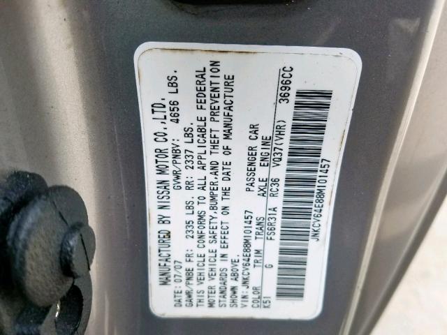 JNKCV64E88M101457 - 2008 INFINITI G37 BASE GRAY photo 10