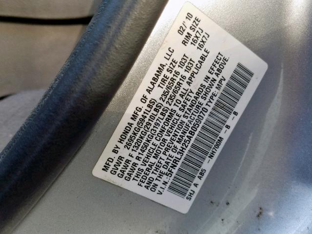 5FNRL3H25AB059070 - 2010 HONDA ODYSSEY LX SILVER photo 10