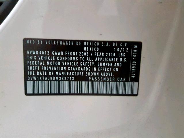 3VW1K7AJ8DM389713 - 2013 VOLKSWAGEN JETTA BASE Սպիտակ լուսանկար 10