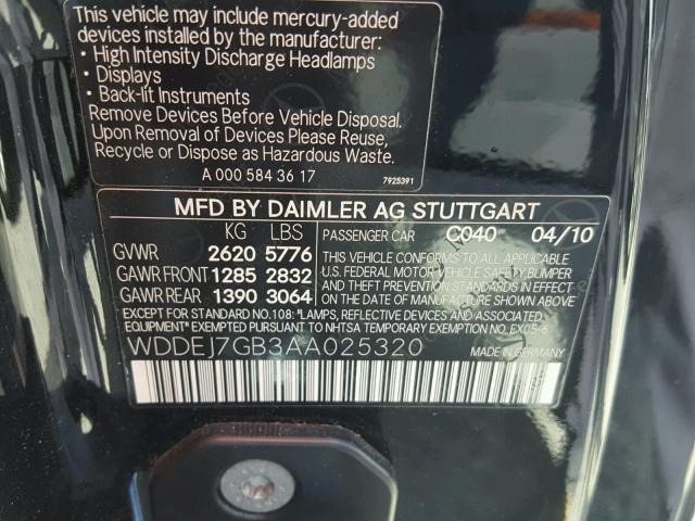 WDDEJ7GB3AA025320 - 2010 MERCEDES-BENZ CL 600 BLACK photo 10