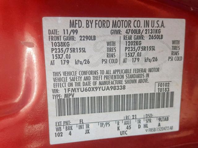 1FMYU60X9YUA98338 - 2000 FORD EXPLORER S RED photo 10