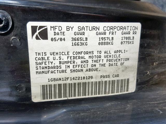 1G8AN12F14Z210129 - 2004 SATURN ION LEVEL SILVER photo 10