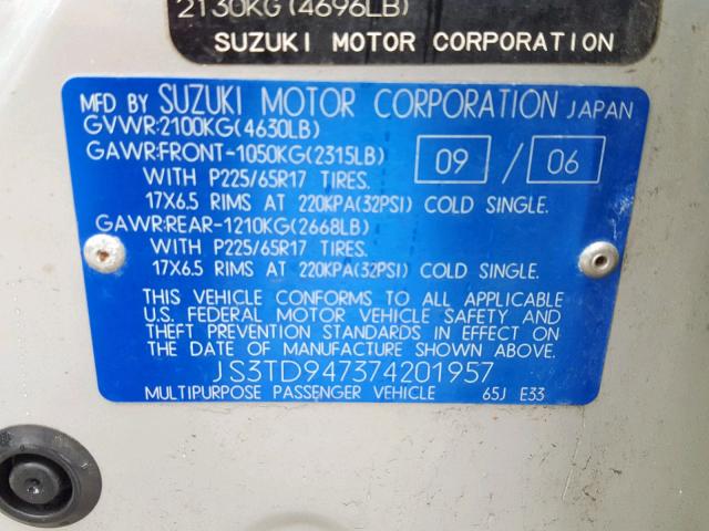 JS3TD947374201957 - 2007 SUZUKI GRAND VITA SILVER photo 10