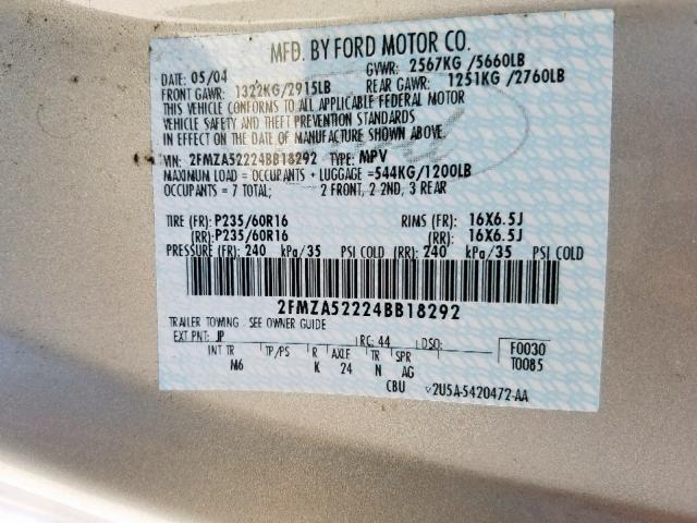 2FMZA52224BB18292 - 2004 FORD FREESTAR S SILVER photo 10