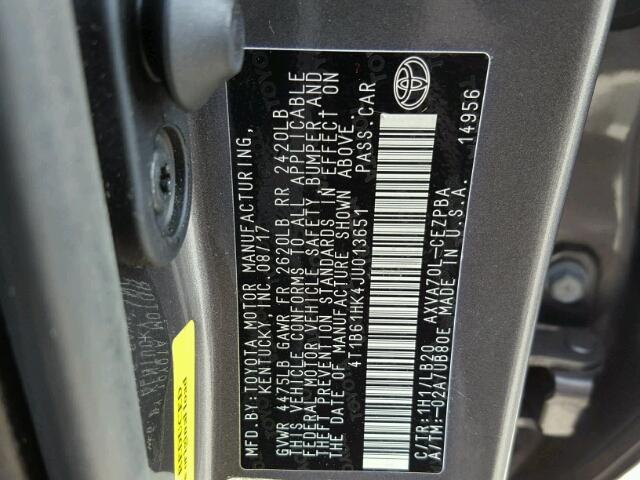 4T1B61HK4JU013651 - 2018 TOYOTA CAMRY XSE GRAY photo 10