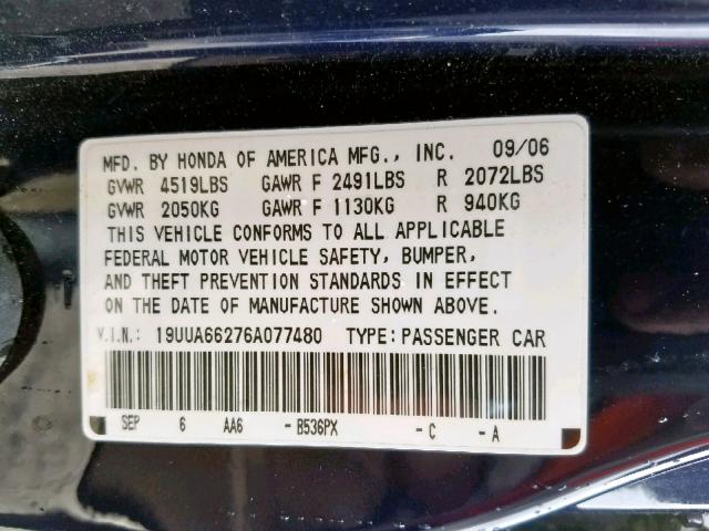 19UUA66276A077480 - 2006 ACURA 3.2TL BLUE photo 10