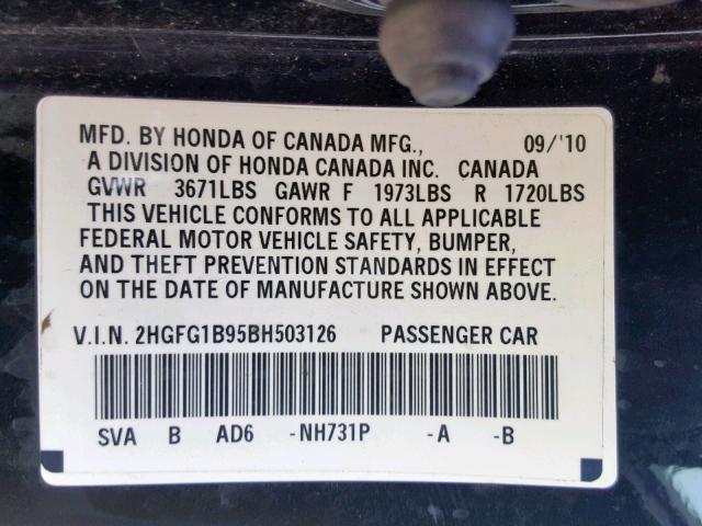 2HGFG1B95BH503126 - 2011 HONDA CIVIC EXL Qara foto 10