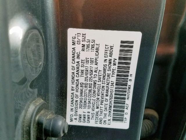 2HKRM3H76DH511347 - 2013 HONDA CR-V EXL GRAY photo 10