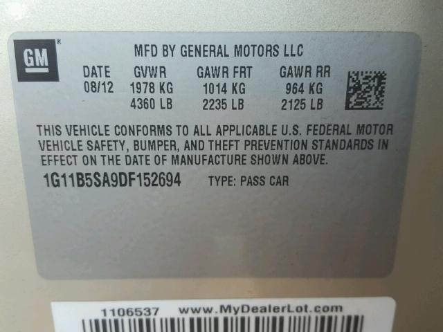 1G11B5SA9DF152694 - 2013 CHEVROLET MALIBU LS 金色 照片 10