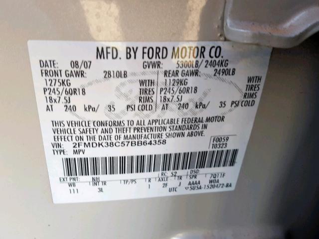 2FMDK38C57BB64358 - 2007 FORD EDGE SEL WHITE photo 10