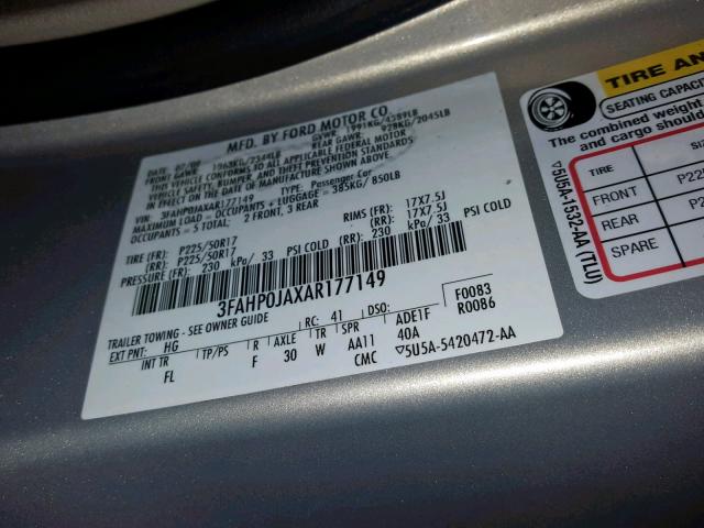 3FAHP0JAXAR177149 - 2010 FORD FUSION SEL SILVER photo 10