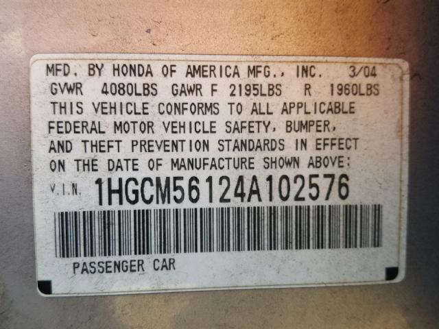 1HGCM56124A102576 - 2004 HONDA ACCORD DX SILVER photo 10