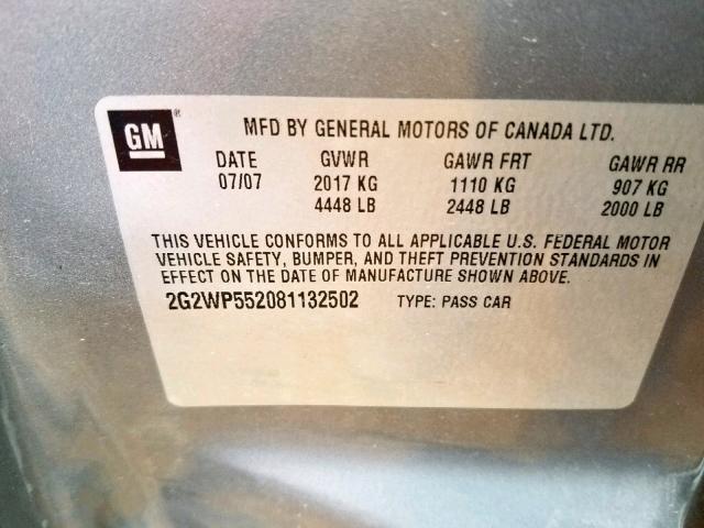 2G2WP552081132502 - 2008 PONTIAC GRAND PRIX GRAY photo 10