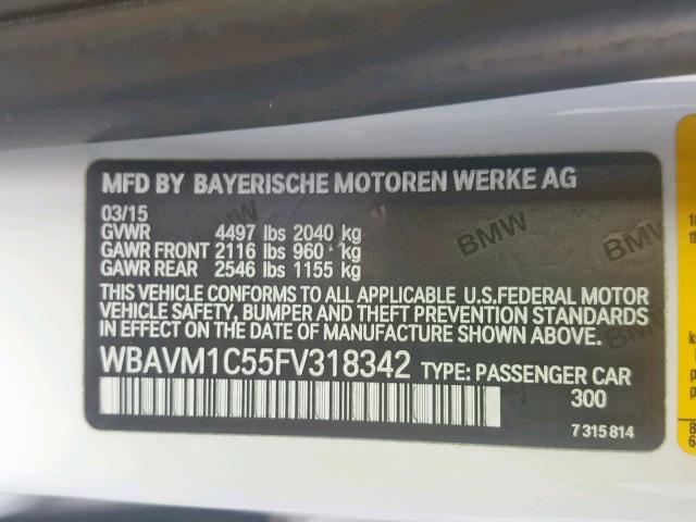 WBAVM1C55FV318342 - 2015 BMW X1 SDRIVE2 WHITE photo 10