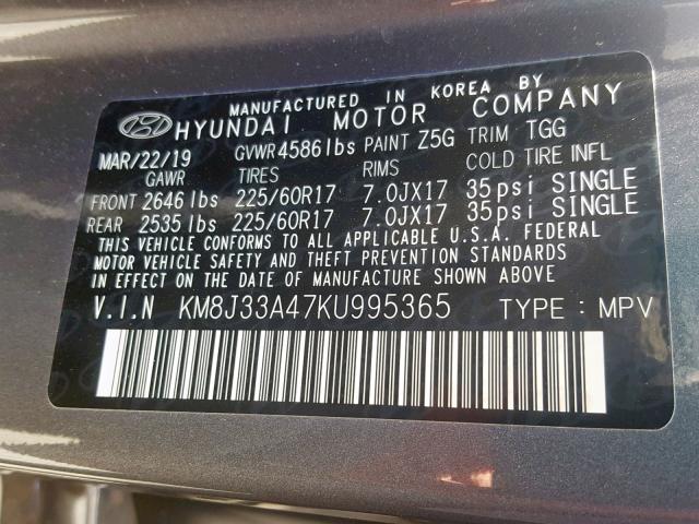 KM8J33A47KU995365 - 2019 HYUNDAI TUCSON LIM GRAY photo 10