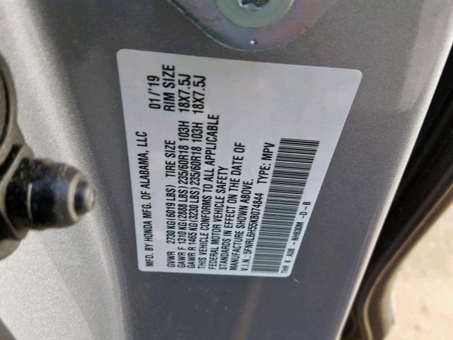 5FNRL6H55KB074844 - 2019 HONDA ODYSSEY EX SILVER photo 10