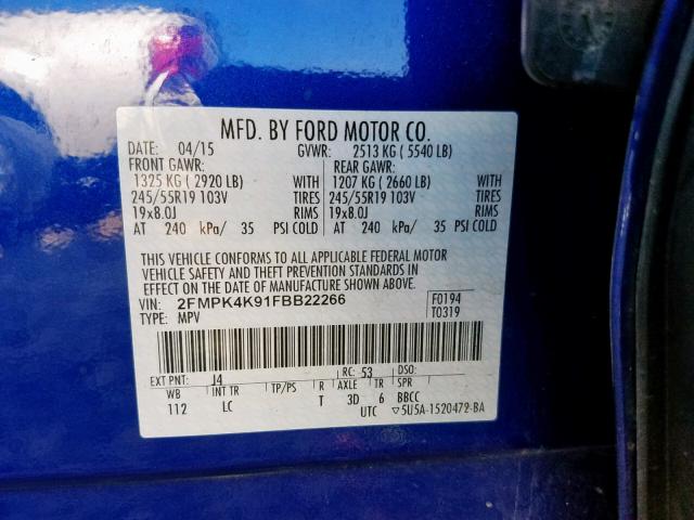 2FMPK4K91FBB22266 - 2015 FORD EDGE TITAN BLUE photo 10