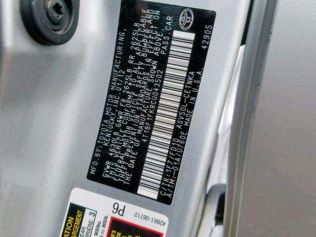 4T1BF1FK8CU043502 - 2012 TOYOTA CAMRY BASE SILVER photo 10