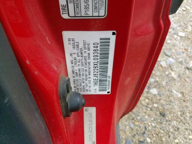 1HGEJ6226XL093640 - 1999 HONDA CIVIC DX RED photo 10