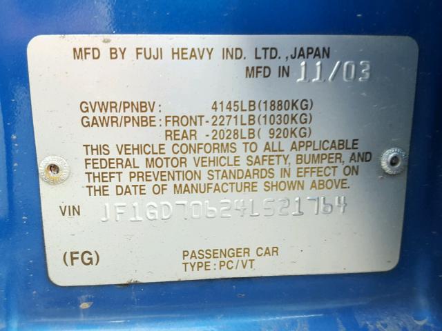 JF1GD70624L521764 - 2004 SUBARU IMPREZA WR BLUE photo 9