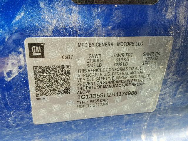 1G1JB5SH2H4174986 - 2017 CHEVROLET SONIC LS BLUE photo 10