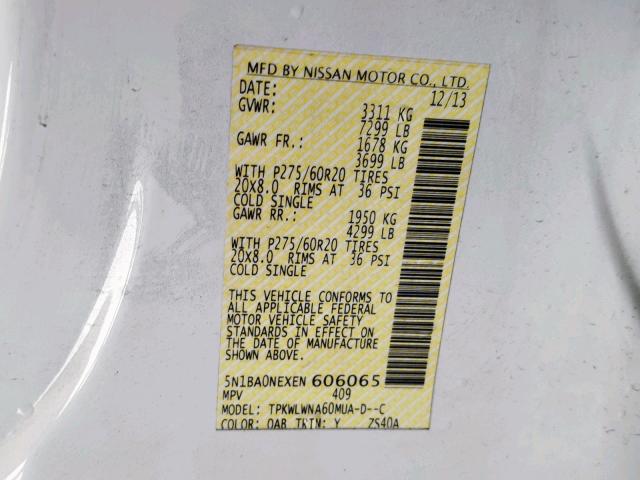 5N1BA0NEXEN606065 - 2014 NISSAN ARMADA PLA WHITE photo 10