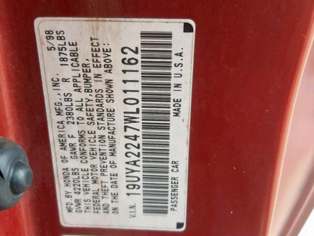 19UYA2247WL011162 - 1998 ACURA 3.0CL RED photo 10