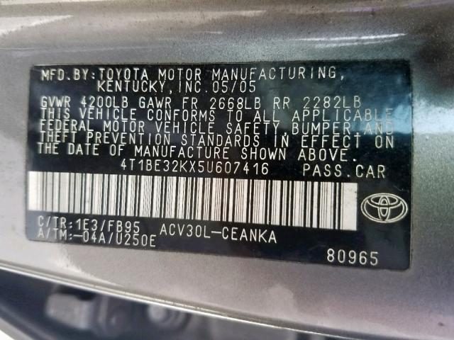 4T1BE32KX5U607416 - 2005 TOYOTA CAMRY LE GRAY photo 10