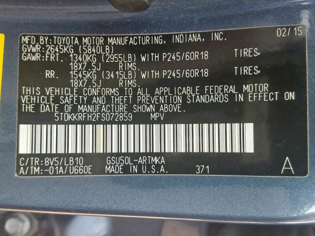 5TDKKRFH2FS072859 - 2015 TOYOTA HIGHLANDER BLUE photo 10