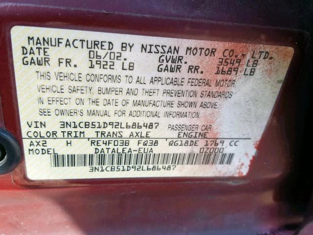 3N1CB51D92L686487 - 2002 NISSAN SENTRA XE MAROON photo 10