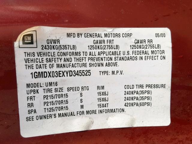 1GMDX03EXYD345525 - 2000 PONTIAC MONTANA RED photo 10