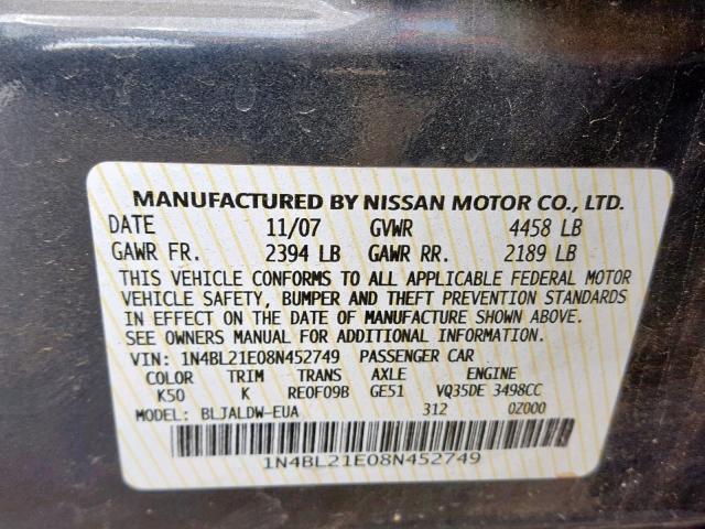 1N4BL21E08N452749 - 2008 NISSAN ALTIMA 3.5 BLUE photo 10