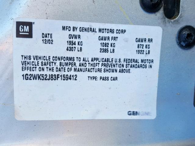 1G2WK52J83F159412 - 2003 PONTIAC GRAND PRIX GRAY photo 10