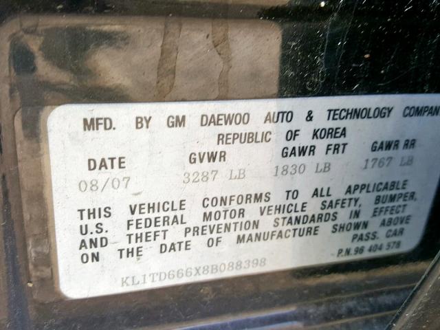 KL1TD666X8B088398 - 2008 CHEVROLET AVEO BASE BLACK photo 10