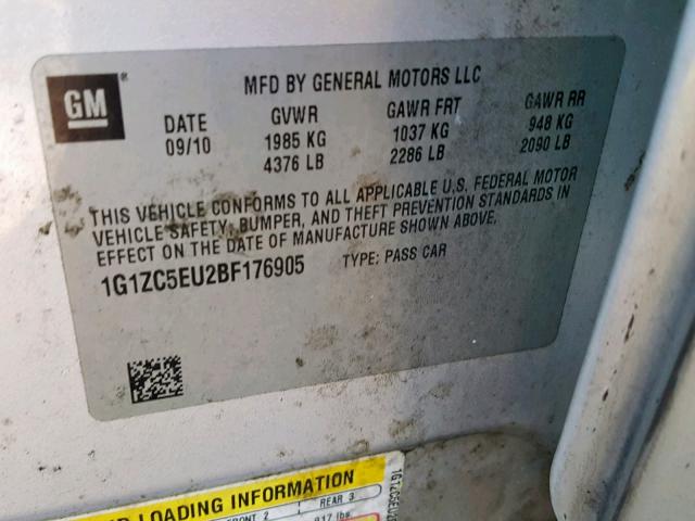 1G1ZC5EU2BF176905 - 2011 CHEVROLET MALIBU 1LT 银色 照片 10