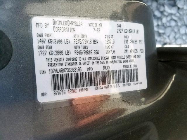 1D7HL48N73S362195 - 2003 DODGE DAKOTA QUA GRAY photo 10