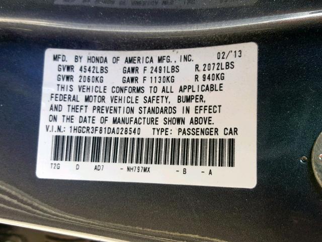 1HGCR3F81DA028540 - 2013 HONDA ACCORD EXL GREEN photo 10