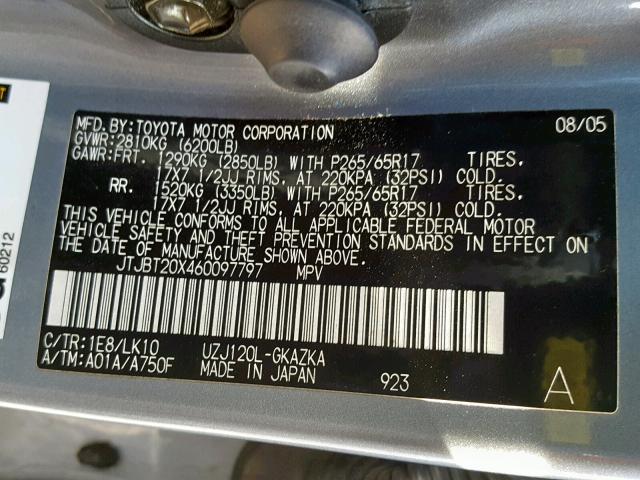 JTJBT20X460097797 - 2006 LEXUS GX 470 GRAY photo 10